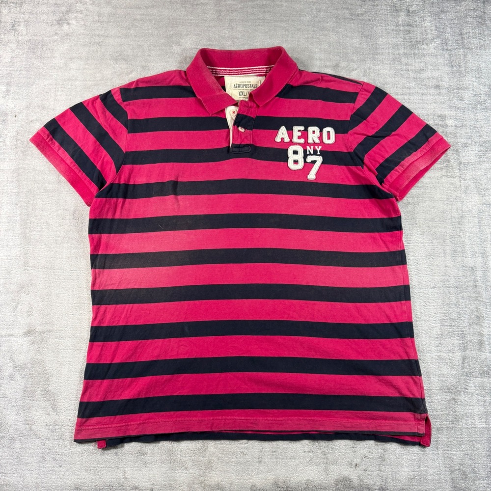 Aeropostale Shirt Mens 2XL Pink Navy Striped AERO 87 Logo Preppy Vintage Y2K
